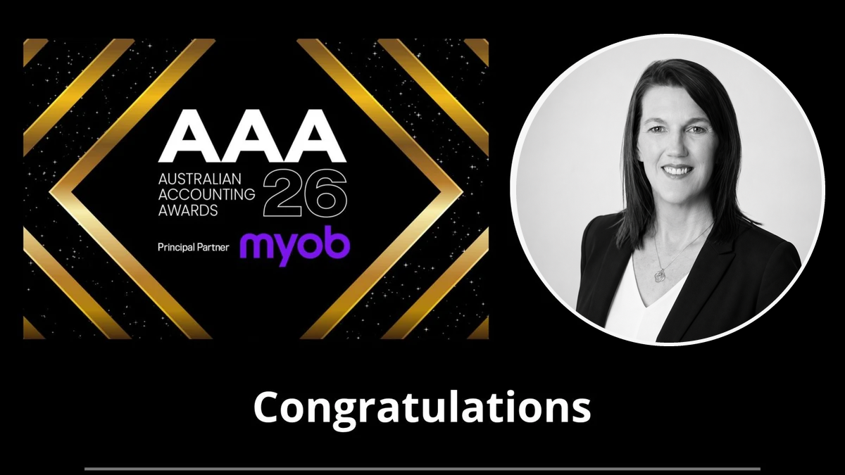 Landscape Australian Accounting Awards finalist graphic featuring Angela Reissis